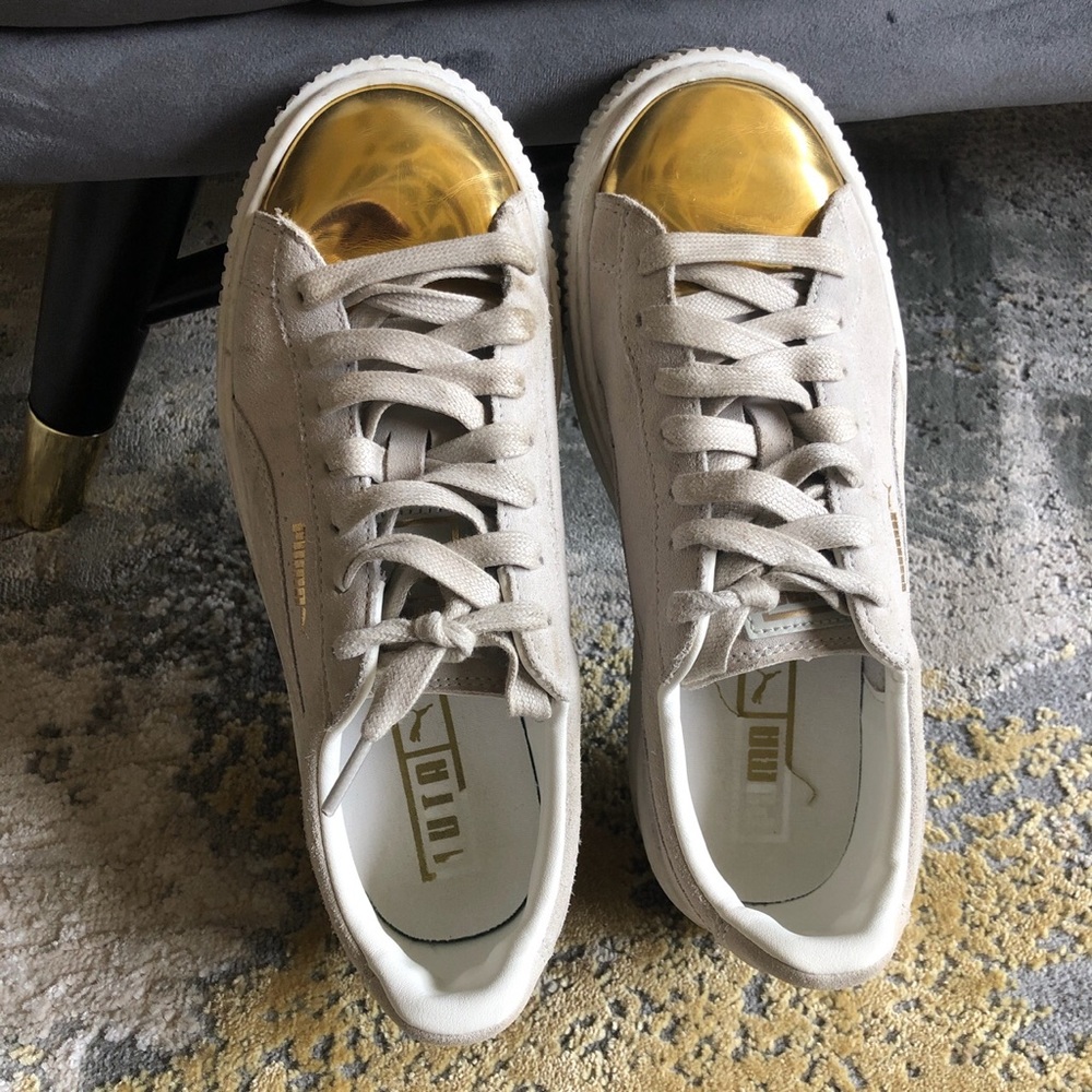 Puma gold toe suede sneakers